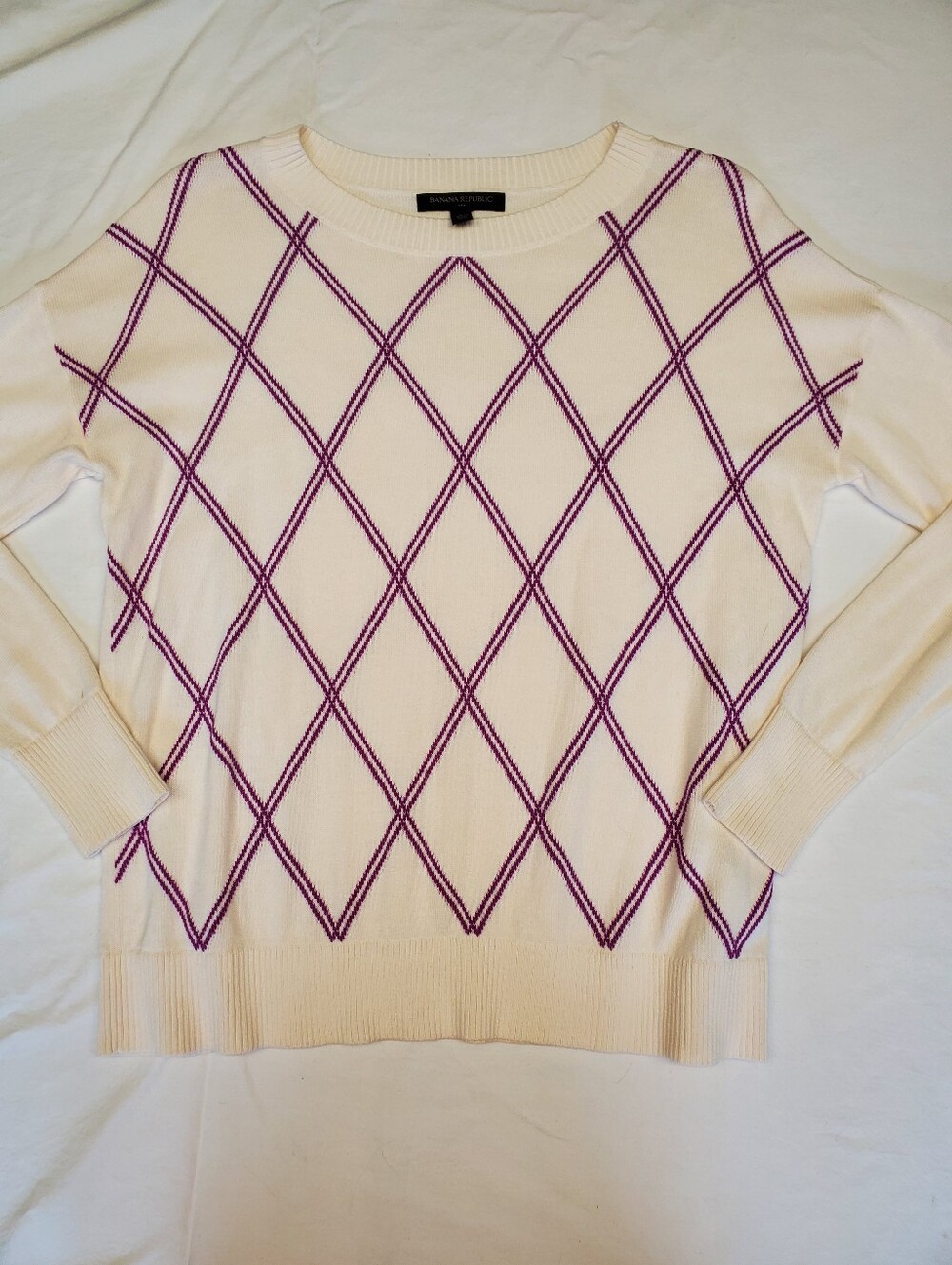 Banana Republic Women's XS Ivory Purple Diamond Pattern Crewneck Sweater Cotton